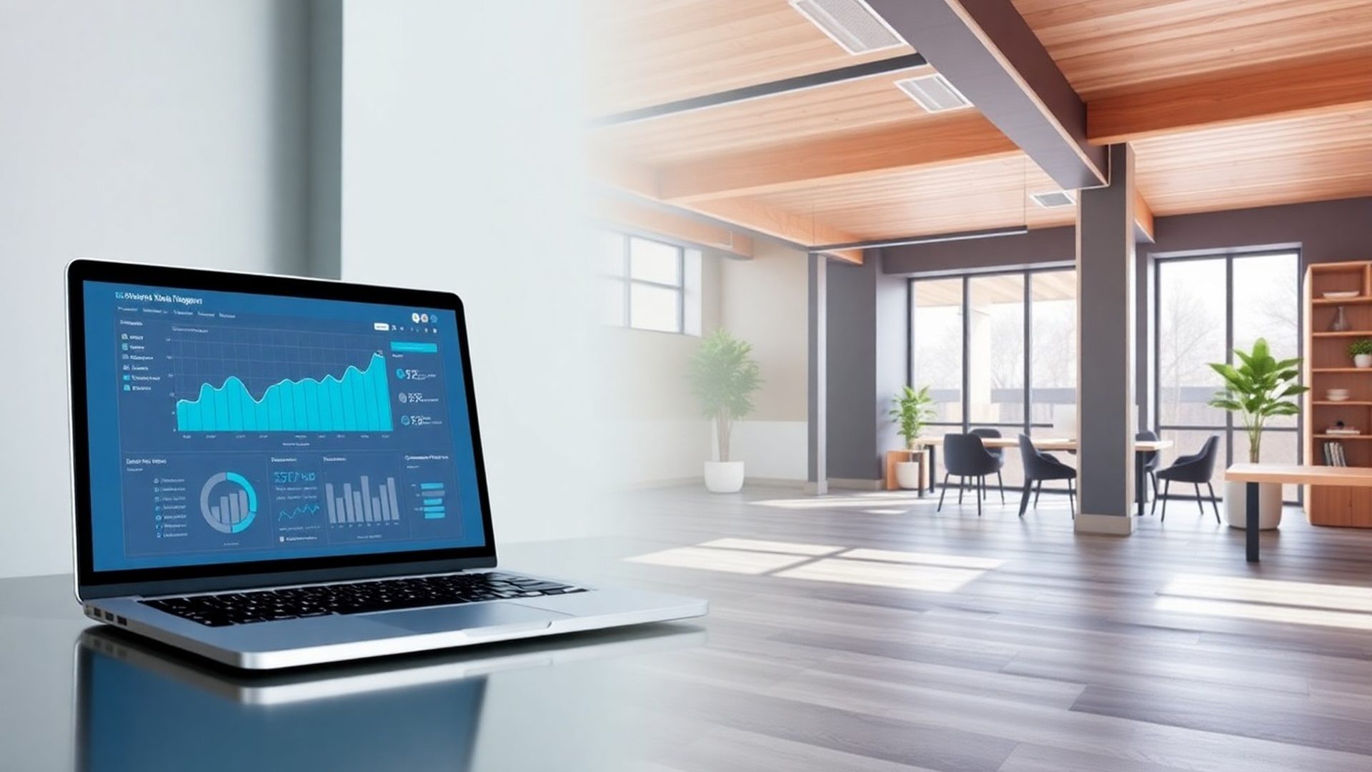 Skillventure Analytics-Dashboard neben modernem Büro in Düsseldorf